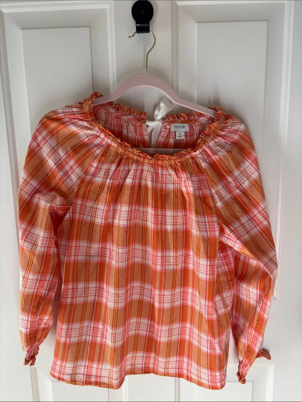 J. Crew Orange and White Plaid Peasant Blouse